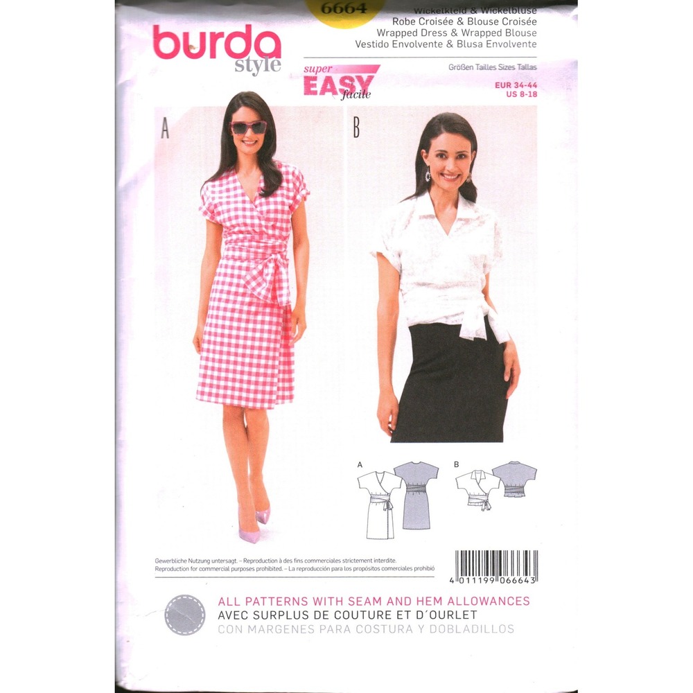 Burda Style 6664 Sewing Pattern Wrapped Dress and Blouse Super Easy Size 8-18